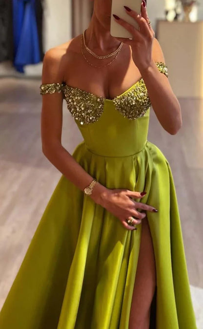 RP864-Gorgeous A-Line Off-the-Shoulder Crystals Cap Sleeves Long Prom Evening Dresses Formal Party Gowns With Side Slit