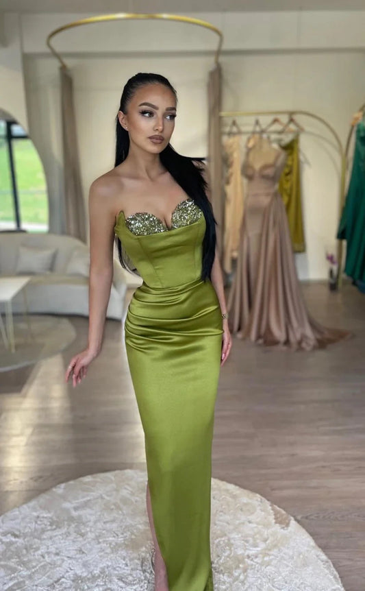 RP1817-Elegant Olive Mermaid Sweetheart Sequins Sleeveless Satin Prom Evening Dresses Formal Party Gowns With Slit