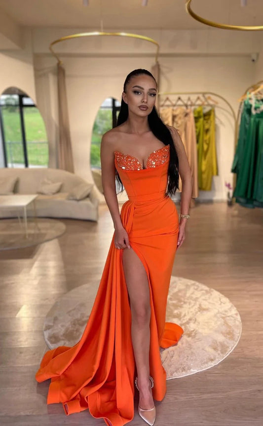 RP1816-Elegant Orange Mermaid Strapless Ruched Sequins Sleeveless Satin Prom Evening Dresses Formal Party Gowns With Slit