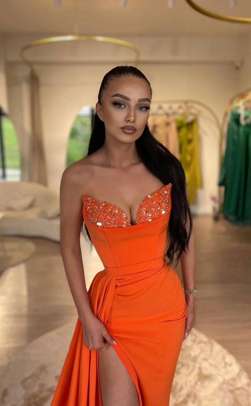 RP1816-Elegant Orange Mermaid Strapless Ruched Sequins Sleeveless Satin Prom Evening Dresses Formal Party Gowns With Slit
