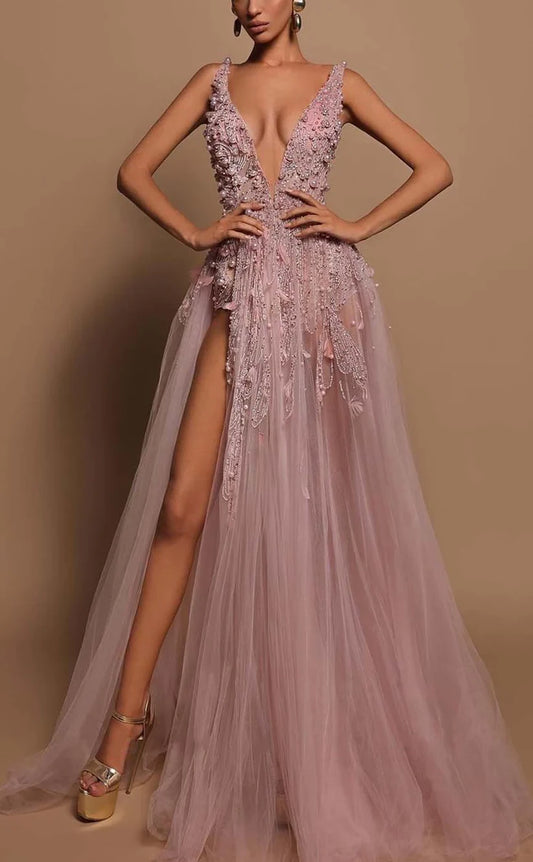 RP866-New Pink A-Line V-Neck  Ruched Beads Pearls Long Prom Evening Dresses Formal Party Gowns With Slit