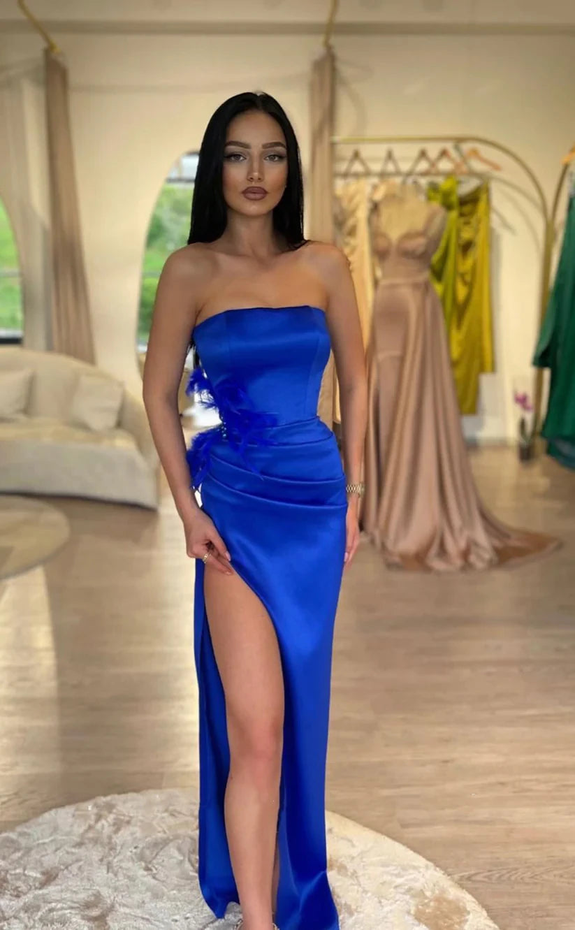 RP1815-Elegant Royal Blue Mermaid Strapless Feather Sleeveless Satin Prom Evening Dresses Formal Party Gowns With Slit