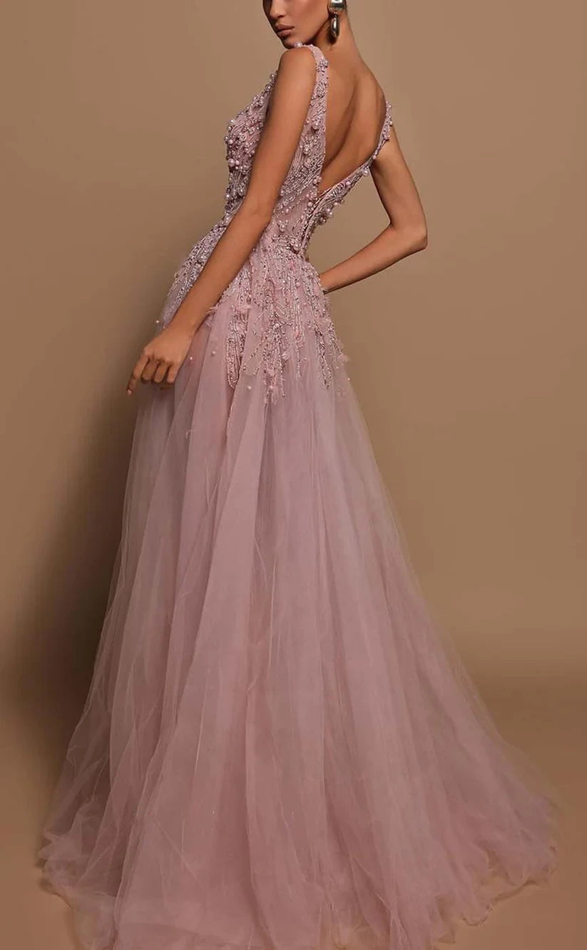 RP866-New Pink A-Line V-Neck  Ruched Beads Pearls Long Prom Evening Dresses Formal Party Gowns With Slit