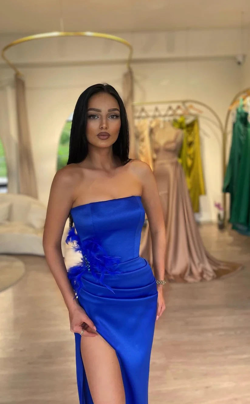 RP1815-Elegant Royal Blue Mermaid Strapless Feather Sleeveless Satin Prom Evening Dresses Formal Party Gowns With Slit