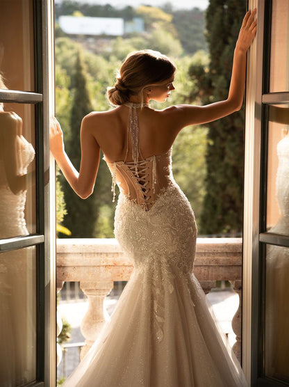 Sexy & Luxurious Mermaid Wedding Dresses Sweetheart Appliqued Beads Tulle Sweep Train Bridal Gowns Custom Made