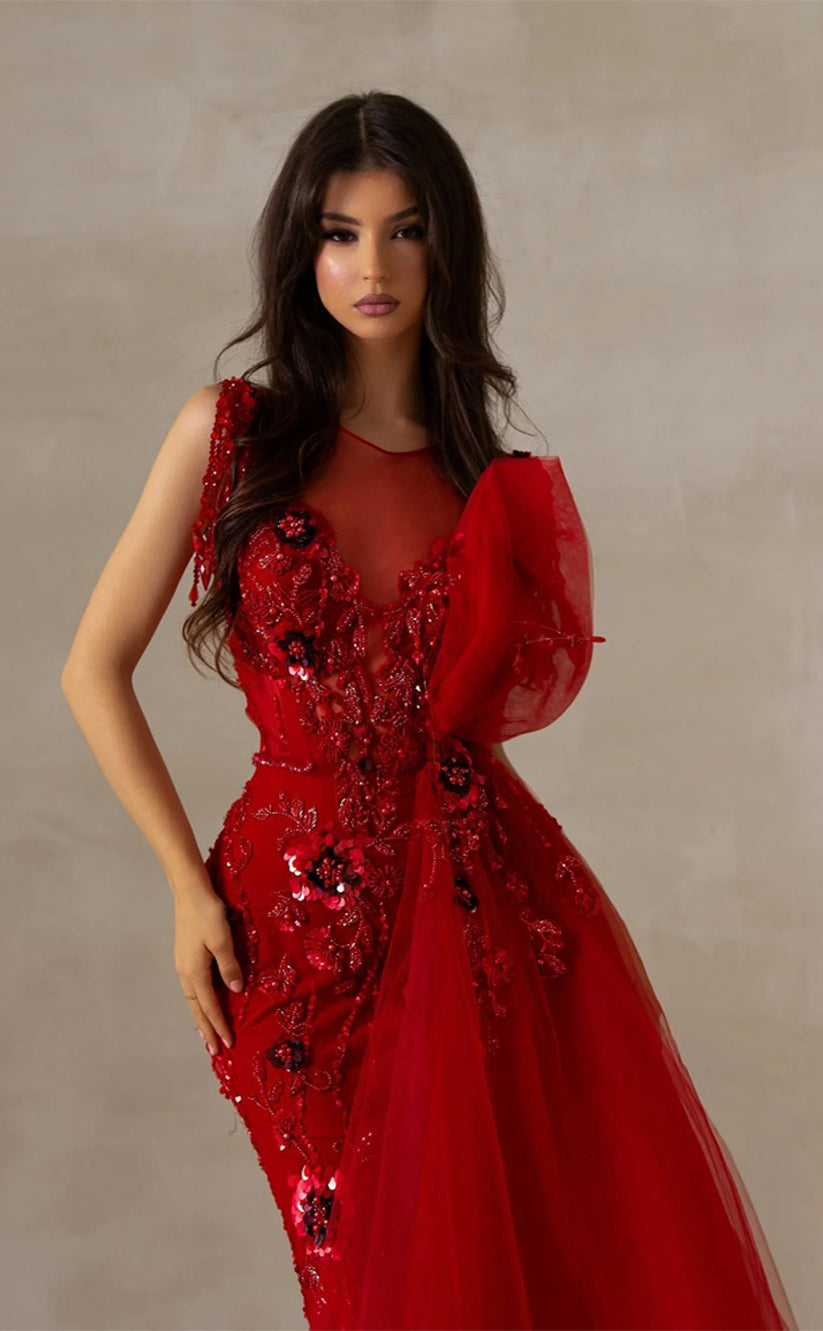 RP221-Red Trumpet Sheer Neck Beads Appliqued Tulle Long Prom Evening Dresses Formal Party Gowns