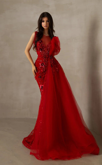 RP221-Red Trumpet Sheer Neck Beads Appliqued Tulle Long Prom Evening Dresses Formal Party Gowns