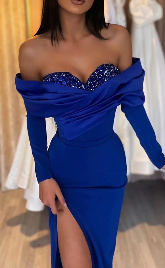 RP425-Elegant Royal Blue Mermaid Sweetheart Crystals Beads Ruched Long Sleeves Long Prom Evening Dresses Formal Party Gowns With Slit