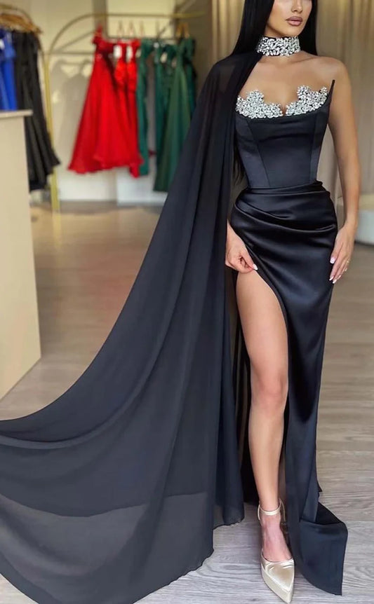 RP868-Elegant Black Mermaid Sweetheart Crystals Long Prom Evening Dresses Formal Party Gowns With Slit