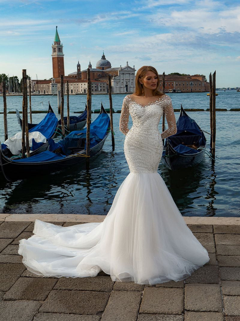 Romantic Mermaid Wedding Dresses Scoop Beads Sequins Long Sleeves Tulle Sweep Train Bridal Gowns Custom Made