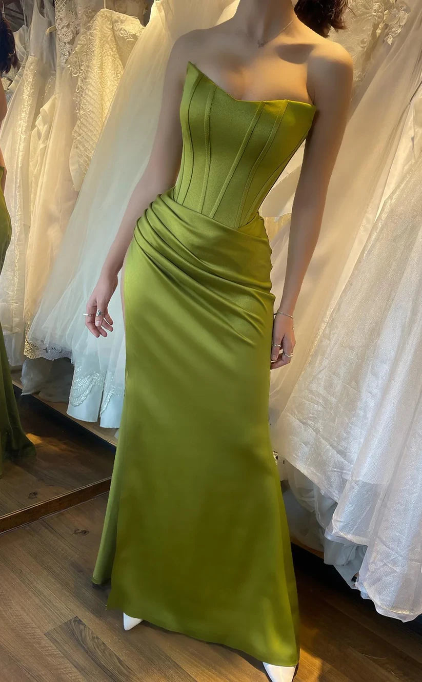 RP1853-New Olive Mermaid Strapless Ruched Sleeveless Satin Prom Evening Dresses Formal Party Gowns With Slit