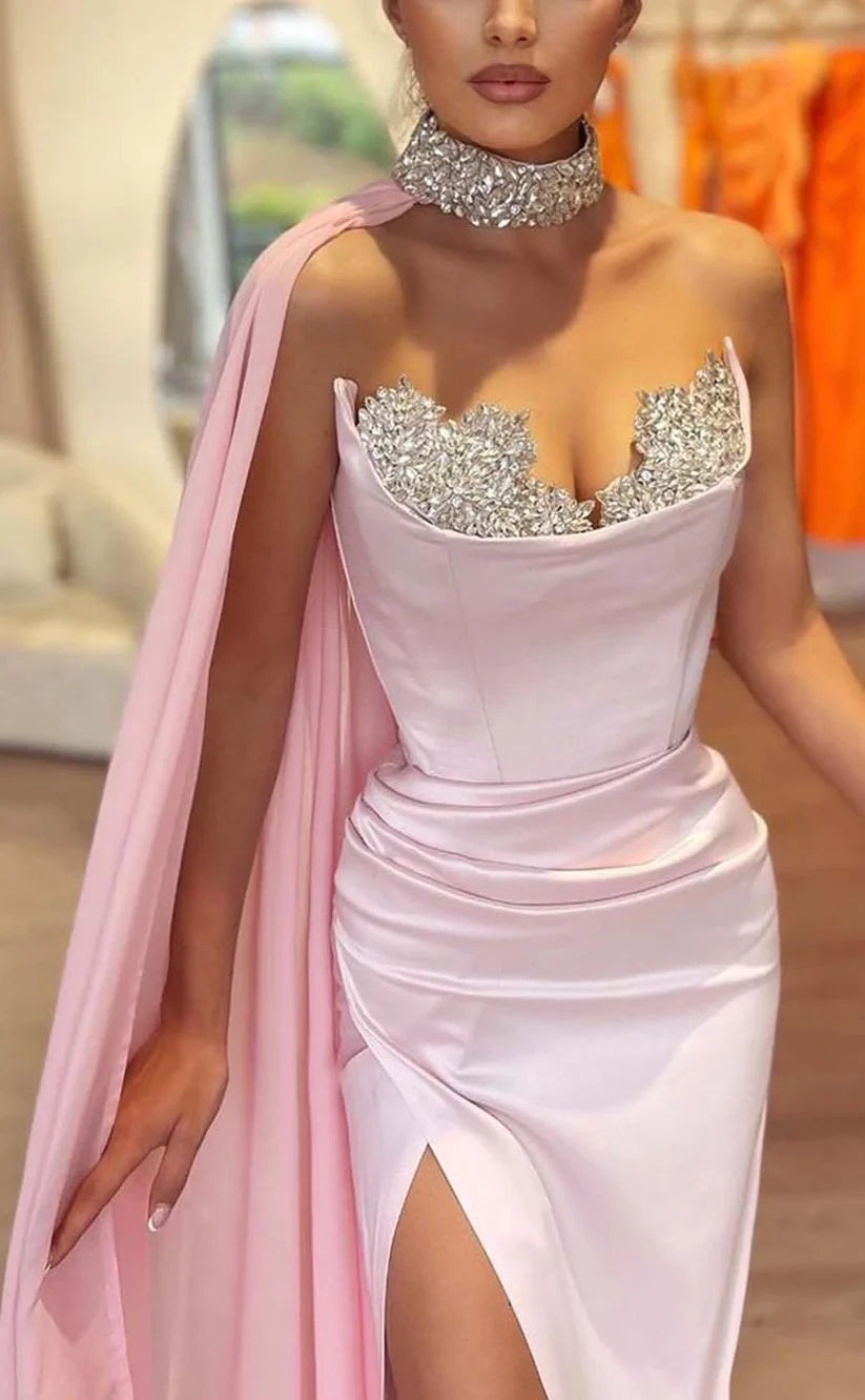 RP869-Elegant Pink Mermaid Sweetheart Crystals Long Prom Evening Dresses Formal Party Gowns With Slit