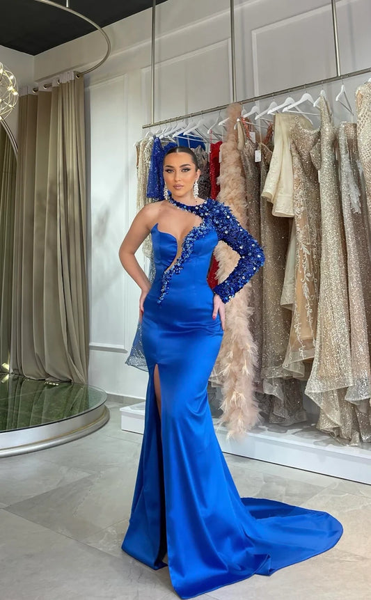 RP1857-New Royal Blue Mermaid High Neck Sequins Crystals One Long Sleeve Satin Prom Evening Dresses Formal Party Gowns With Train