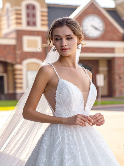 Modern Ball Gown Wedding Dresses Spaghetti Appliqued Sleeveless Tulle Sweep Train Bridal Gowns Custom