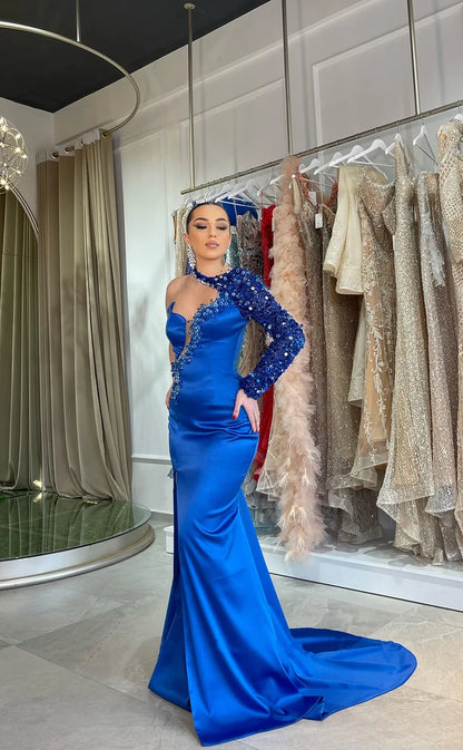 RP1857-New Royal Blue Mermaid High Neck Sequins Crystals One Long Sleeve Satin Prom Evening Dresses Formal Party Gowns With Train