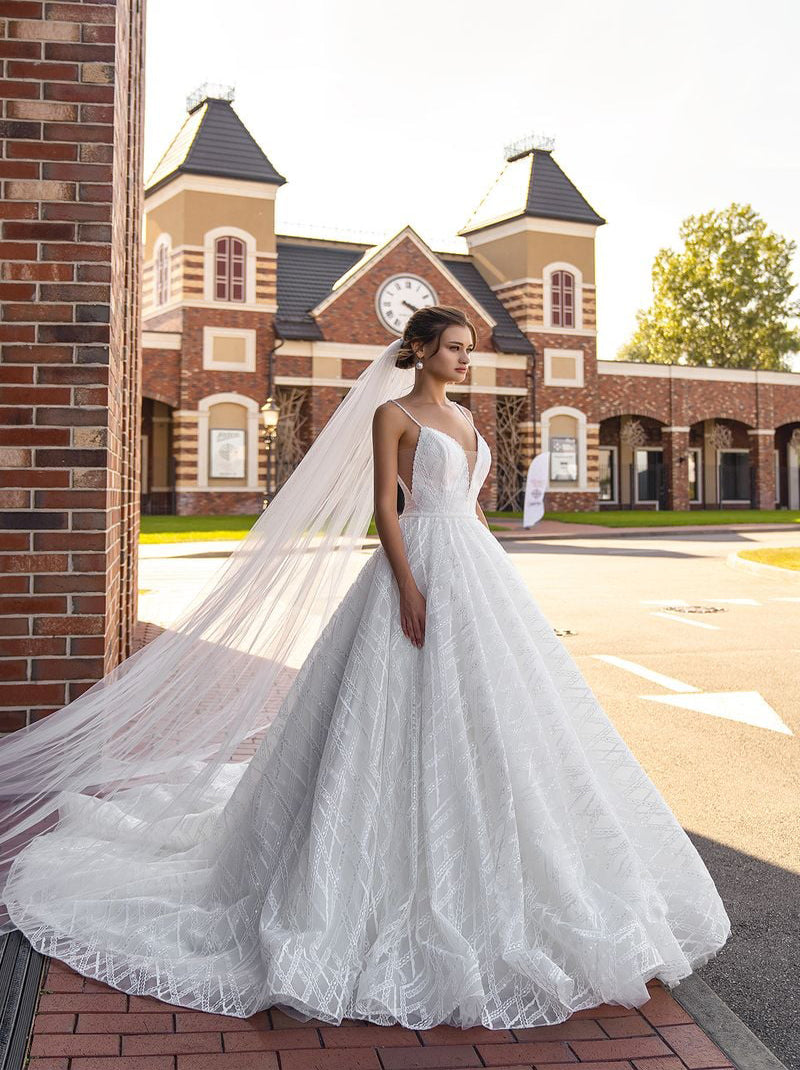 Modern Ball Gown Wedding Dresses Spaghetti Appliqued Sleeveless Tulle Sweep Train Bridal Gowns Custom