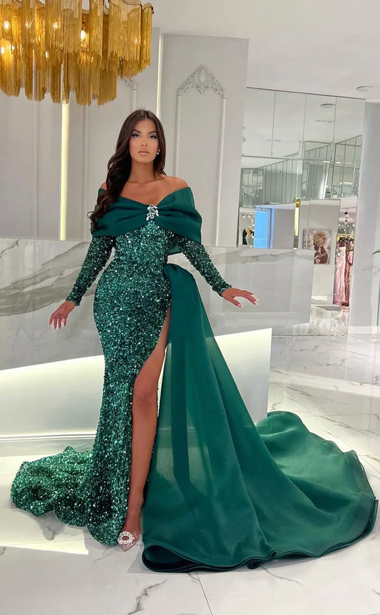 RP1858-Luxurious Green Mermaid Off-the-Shoulder Sequins Long Sleeves Sequins Prom Evening Dresses Formal Party Gowns With Slit