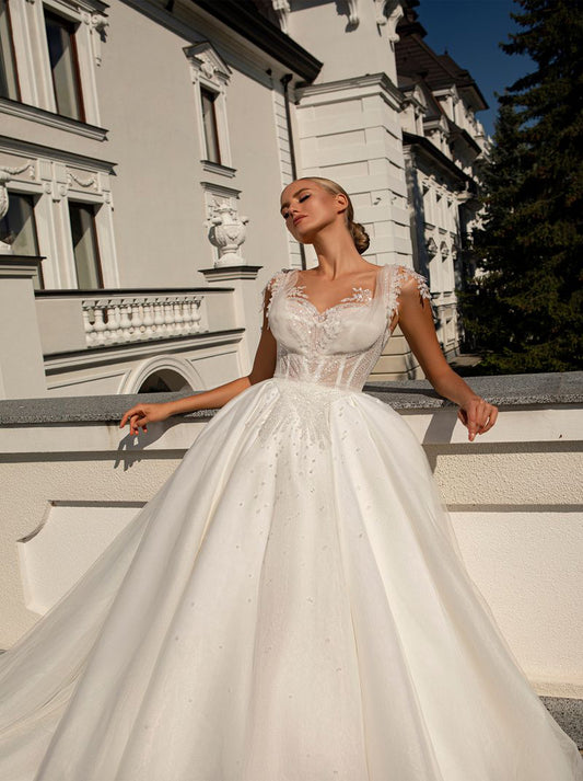 Modern Ball Gown Wedding Dresses Sweetheart Appliqued Beads Cap Sleeves Tulle Court Train Satin Bridal Gowns Custom