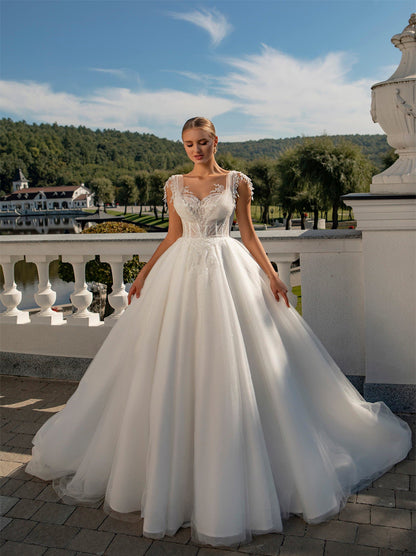 Modern Ball Gown Wedding Dresses Sweetheart Appliqued Beads Cap Sleeves Tulle Court Train Satin Bridal Gowns Custom