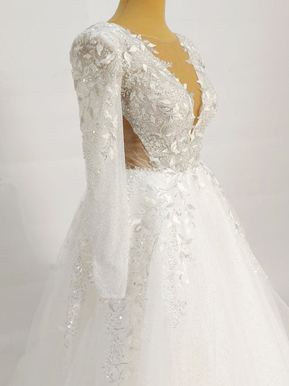 Elegant A-Line Bridal Gowns Scoop Appliqued Long Sleeves Tulle Sweep Train Bridal Gowns Custom Made