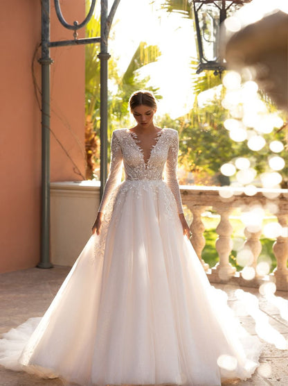 Elegant A-Line Bridal Gowns Scoop Appliqued Long Sleeves Tulle Sweep Train Bridal Gowns Custom Made