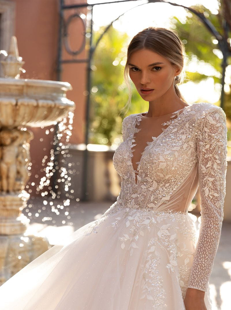 Elegant A-Line Bridal Gowns Scoop Appliqued Long Sleeves Tulle Sweep Train Bridal Gowns Custom Made