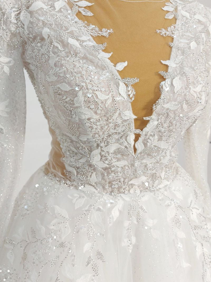 Elegant A-Line Bridal Gowns Scoop Appliqued Long Sleeves Tulle Sweep Train Bridal Gowns Custom Made