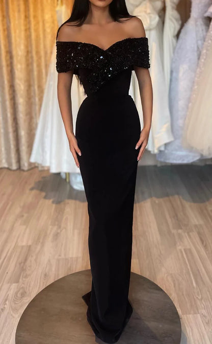 RP426-Elegant Black Mermaid Off-the-Shoulder Sequins Beads Cap Sleeves Long Prom Evening Dresses Formal Party Gowns