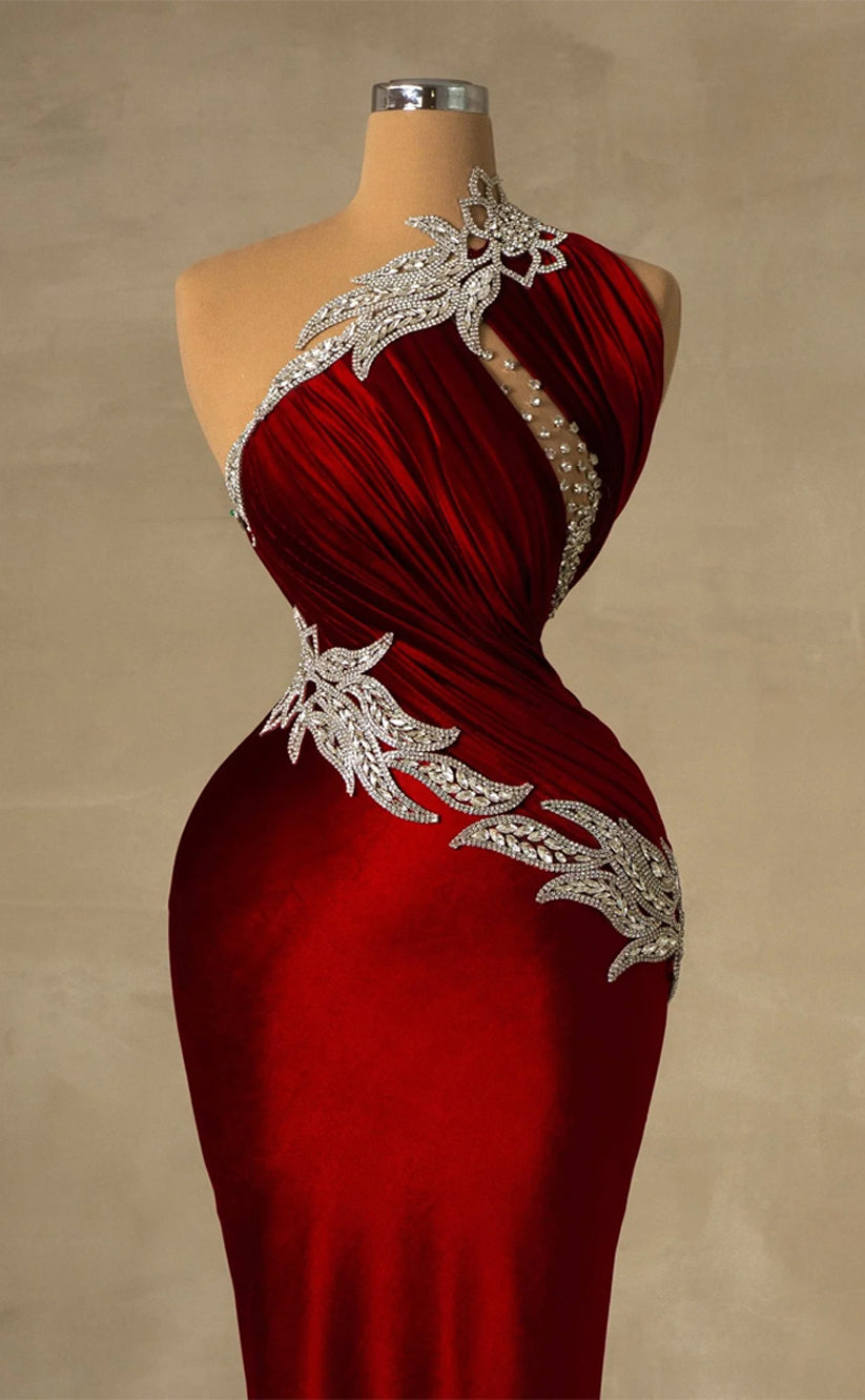 RP220-Luxurious Trumpet One Shoulder Beads Crystals Long Prom Evening Dresses Formal Party Gowns With Pleated