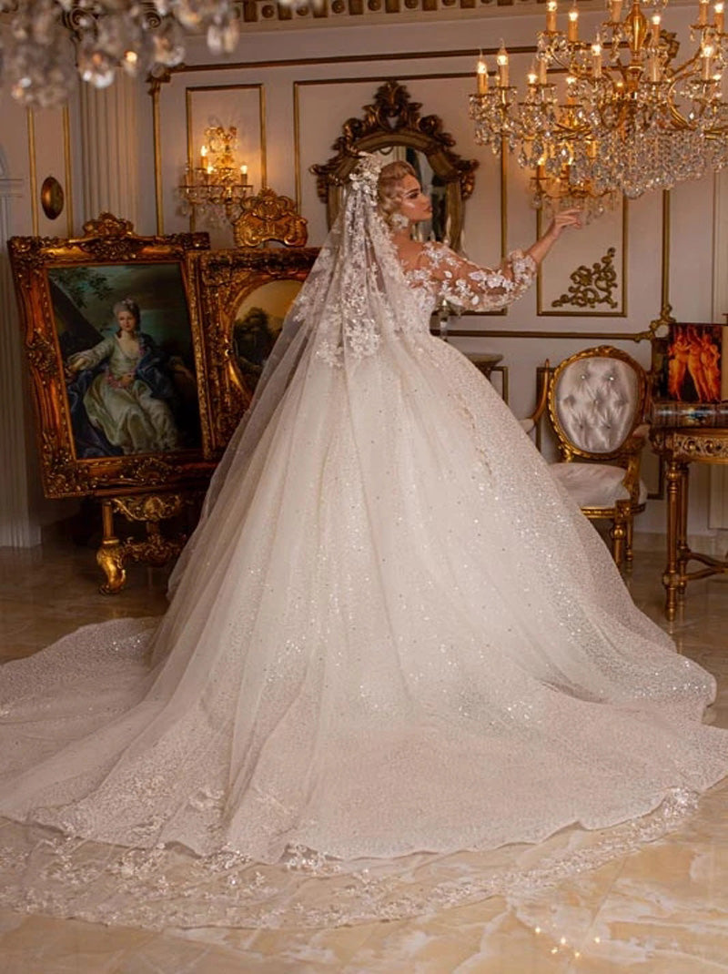 Luxury Ball Gown Wedding Dresses Jewel Sweetheart Appliques Beads Sequns Puffy Long Sleeves Court Train Tulle Bridal Gowns Custom Design