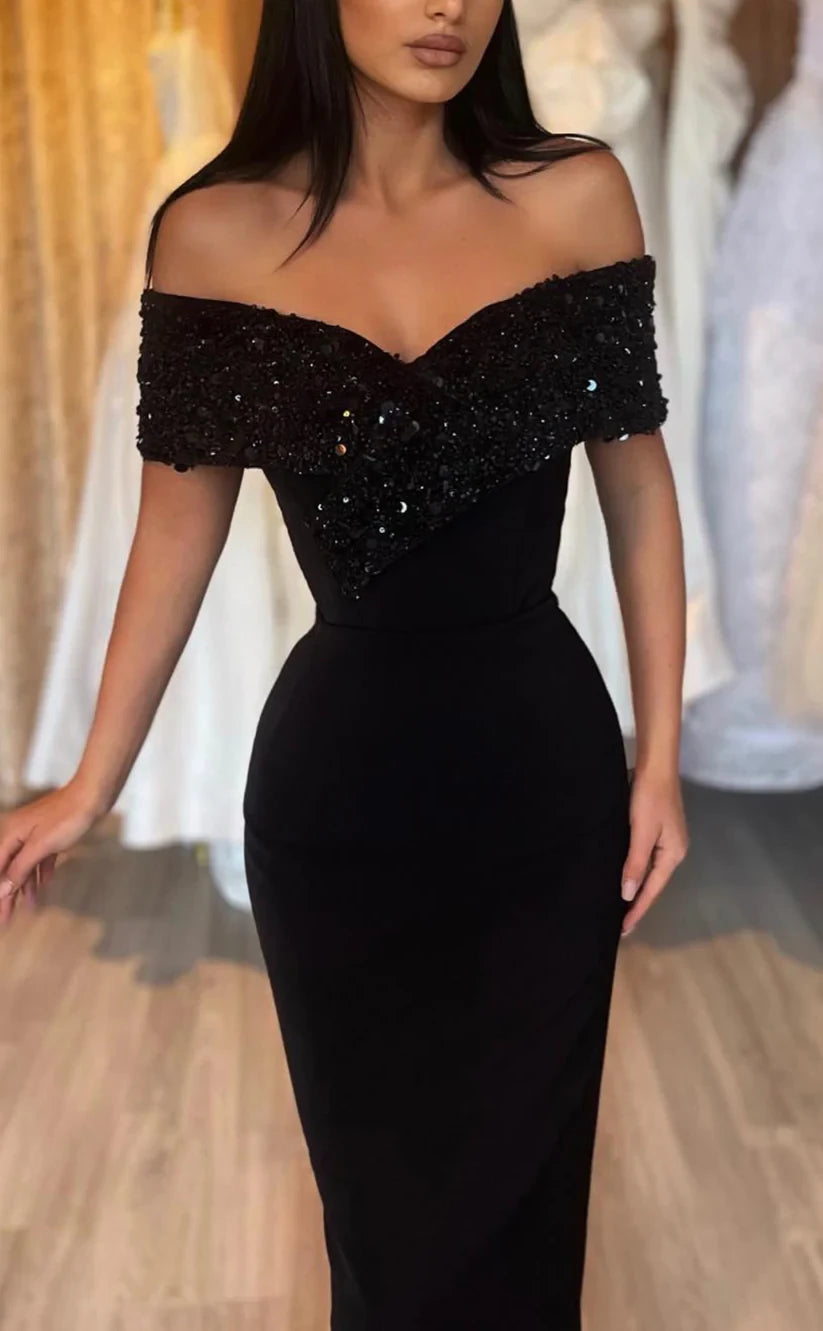 RP426-Elegant Black Mermaid Off-the-Shoulder Sequins Beads Cap Sleeves Long Prom Evening Dresses Formal Party Gowns