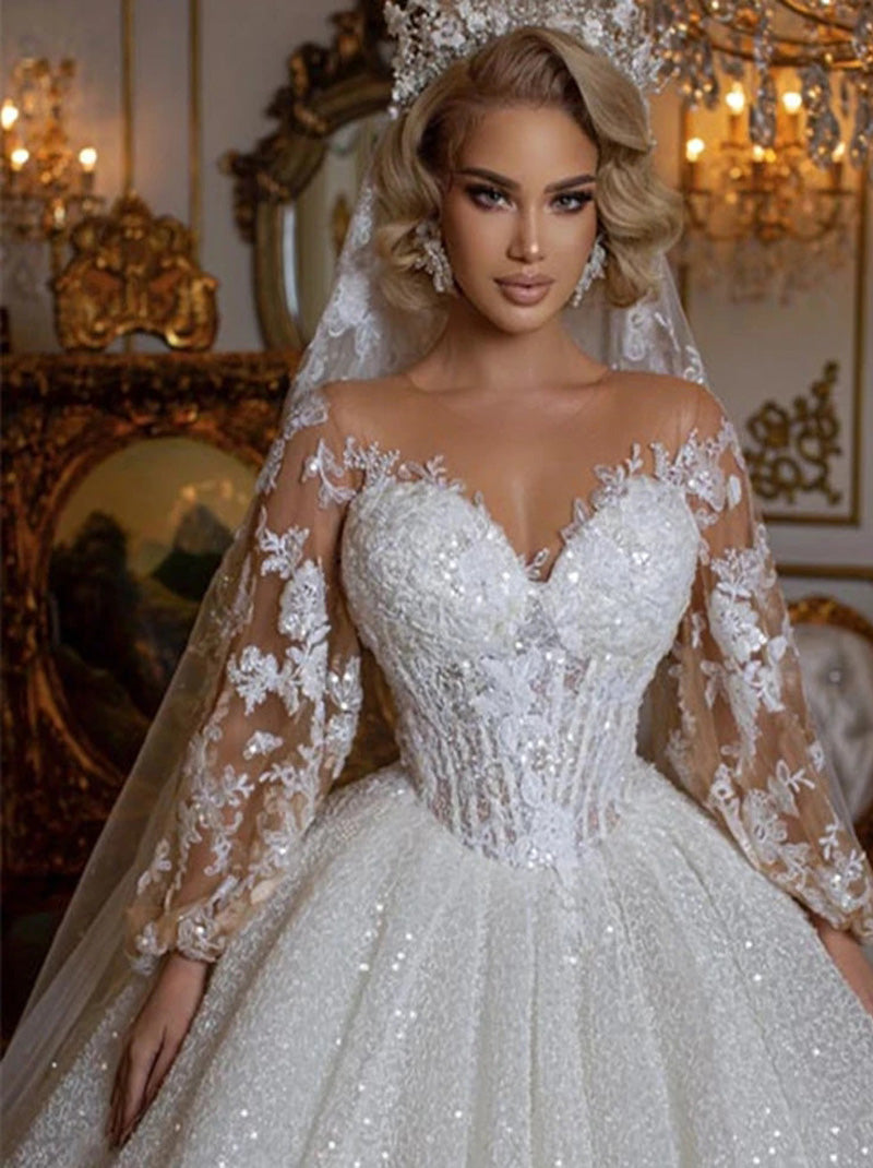 Luxury Ball Gown Wedding Dresses Jewel Sweetheart Appliques Beads Sequns Puffy Long Sleeves Court Train Tulle Bridal Gowns Custom Design