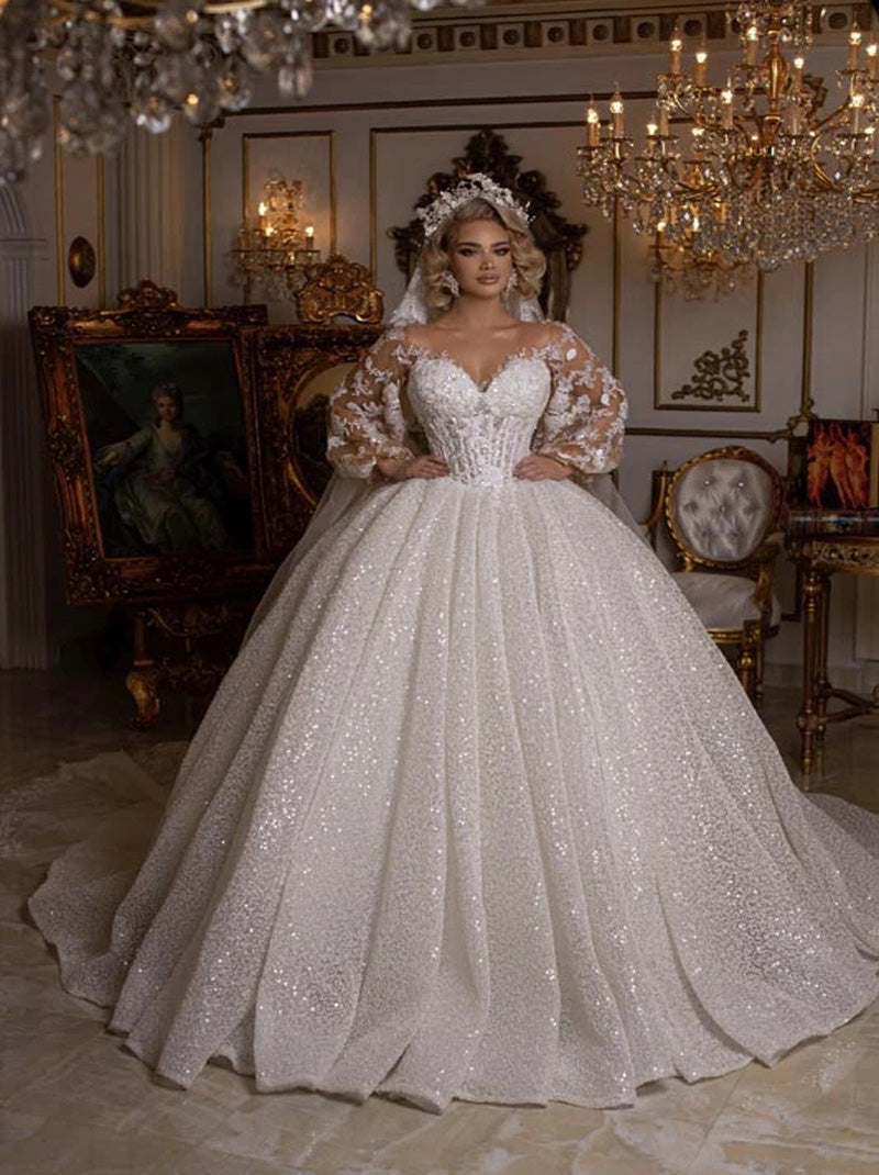 Luxury Ball Gown Wedding Dresses Jewel Sweetheart Appliques Beads Sequns Puffy Long Sleeves Court Train Tulle Bridal Gowns Custom Design