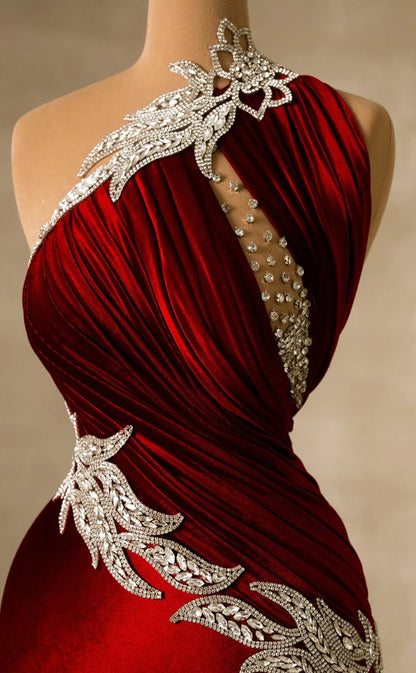RP220-Luxurious Trumpet One Shoulder Beads Crystals Long Prom Evening Dresses Formal Party Gowns With Pleated