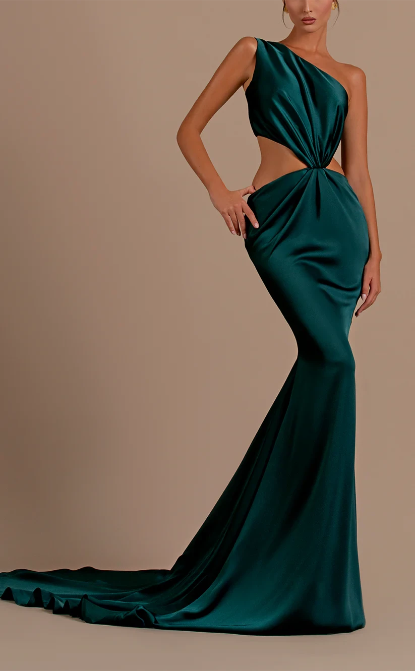 RP875-New Green Mermaid One Shoulder Ruched Sleeveless Prom Evening Dresses Formal Party Gowns With Cut-Out