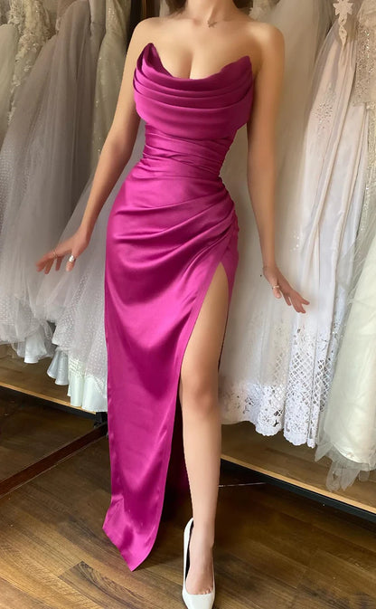 RP1843-New Fuchsia Mermaid Sweetheart Ruched Sleeveless Satin Prom Evening Dresses Formal Party Gowns With Slit