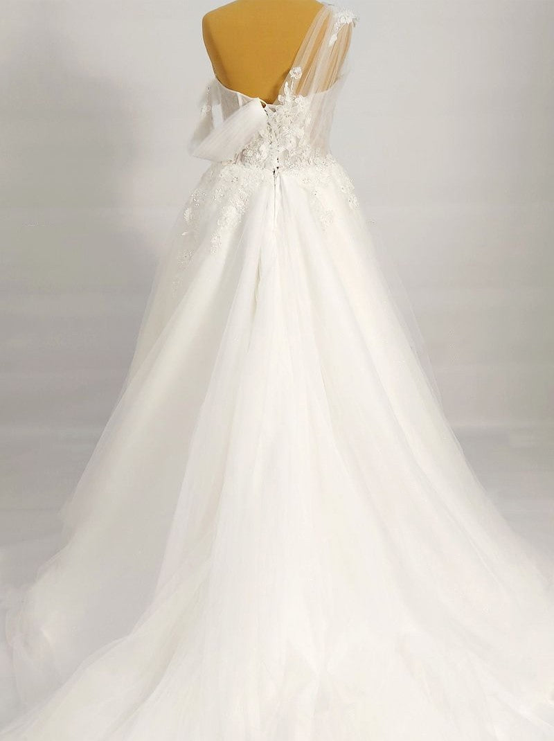 Charming A-Line Wedding Dresses One Shoulder Appliqued Beads Tulle Sweep Train Bridal Gowns With Slit