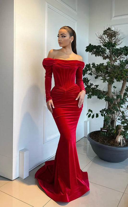 RP1849-Elegant Red Mermaid Off-the-Shoulder Ruched Long Sleeves Velvet Prom Evening Dresses Formal Party Gowns With Train