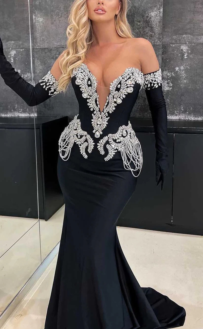 RP881-New Black Mermaid Sweetheart Crystals Tassel Detachable Long Sleeves Long Prom Evening Dresses Formal Party Gowns