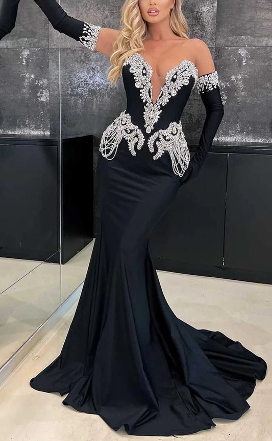 RP881-New Black Mermaid Sweetheart Crystals Tassel Detachable Long Sleeves Long Prom Evening Dresses Formal Party Gowns