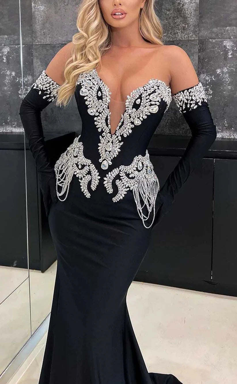 RP881-New Black Mermaid Sweetheart Crystals Tassel Detachable Long Sleeves Long Prom Evening Dresses Formal Party Gowns
