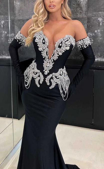 RP881-New Black Mermaid Sweetheart Crystals Tassel Detachable Long Sleeves Long Prom Evening Dresses Formal Party Gowns