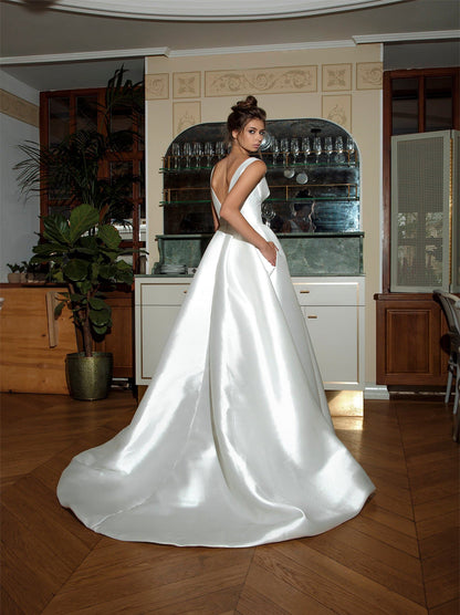 Simple A-Line Bridal Gowns V-Neck Pleated Sleeveless Satin Sweep Train Bridal Gowns With Slit