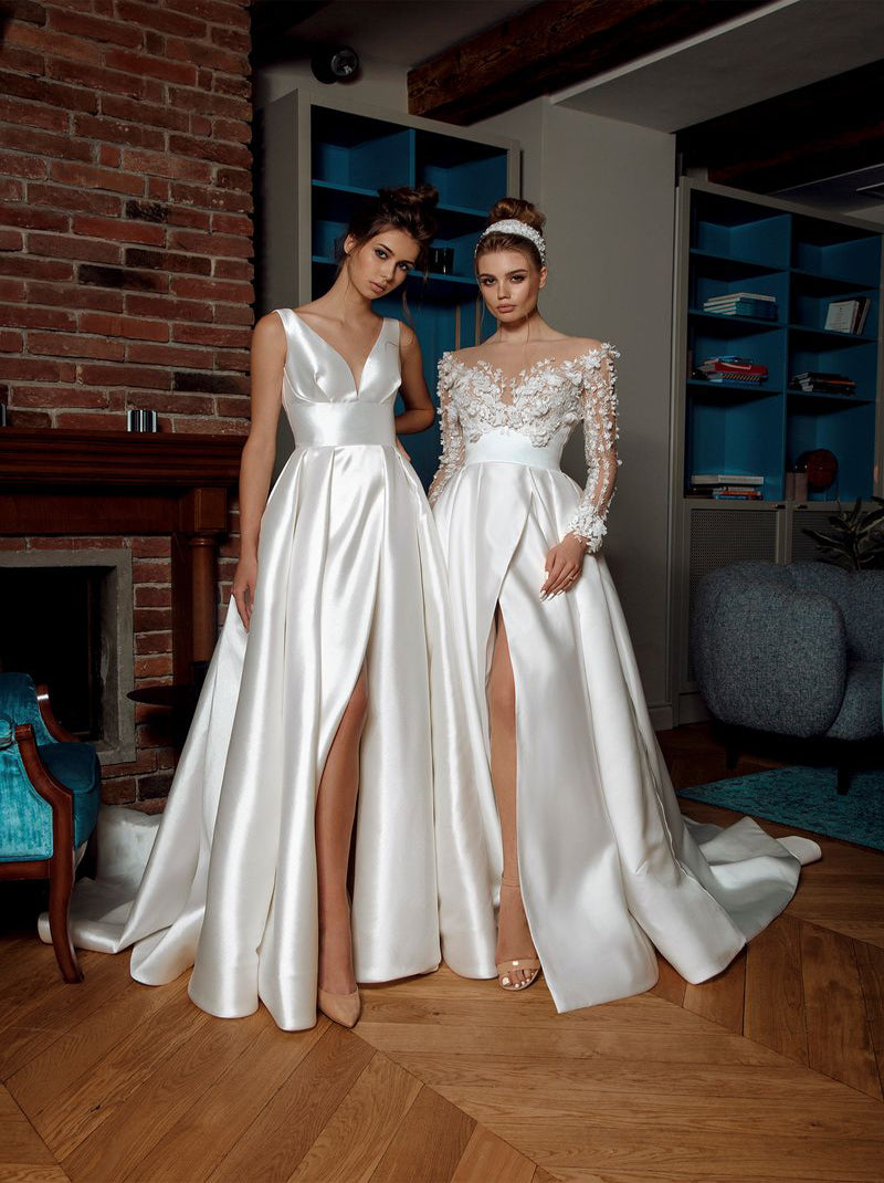 Simple A-Line Bridal Gowns V-Neck Pleated Sleeveless Satin Sweep Train Bridal Gowns With Slit