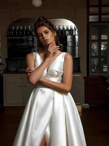 Simple A-Line Bridal Gowns V-Neck Pleated Sleeveless Satin Sweep Train Bridal Gowns With Slit