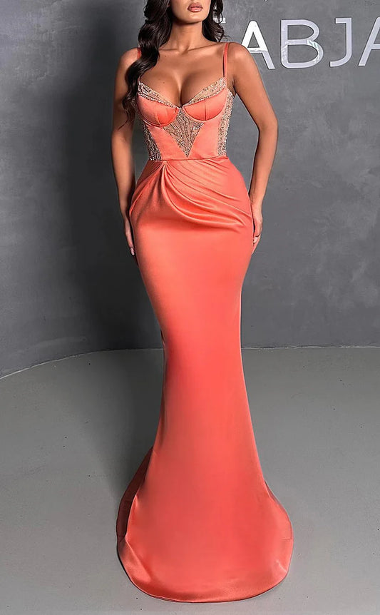 RP1848-Elegant Orange Mermaid Spaghetti Beaded Ruched Sleeveless Satin Prom Evening Dresses Formal Party Gowns With Train