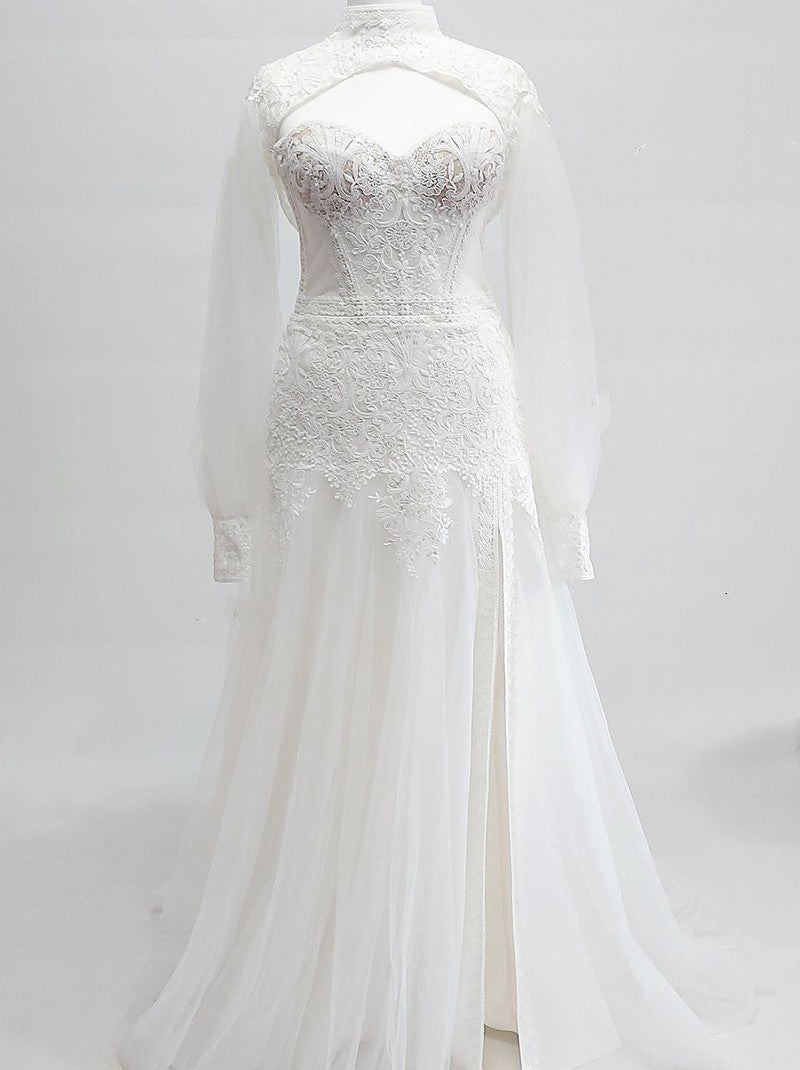 Elegant A-Line Bridal Gowns Strapless Appliqued Side Slit Tulle Sweep Train Bridal Gowns With A Jacket