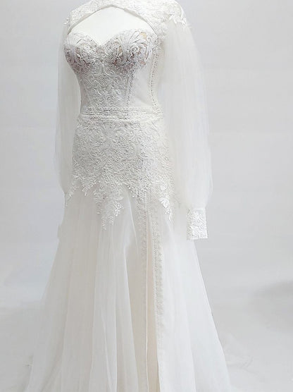 Elegant A-Line Bridal Gowns Strapless Appliqued Side Slit Tulle Sweep Train Bridal Gowns With A Jacket