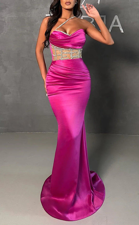 RP1839-Elegant Fuchsia Trumpet One Shoulder Beaded Ruched Sleeveless Satin Prom Evening Dresses Formal Party Gowns With Train