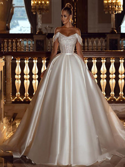 Elegant Ball Gown Strapless Beads Pleated Cap Sleeves Lace Up Satin Court Train Bridal Gowns Custom Design